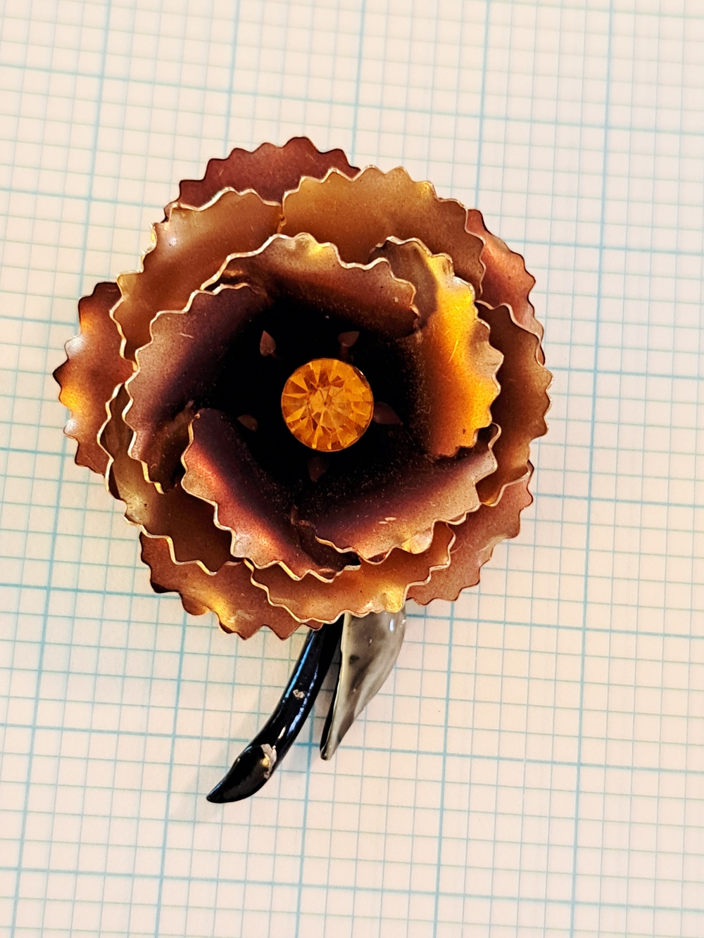 Vintage Orange Floral Metal Brooch Pin with Amber Crystal